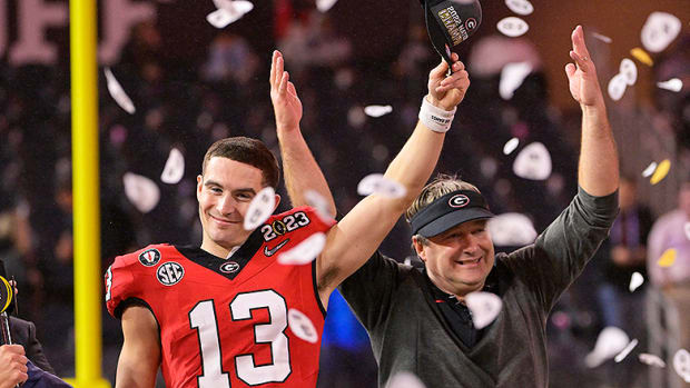 Stetson Bennett IV and Kirby Smart, Georgia Bulldogs, 2023 College Football Playoff National Championship